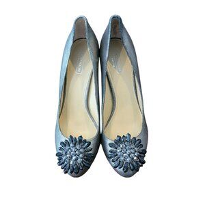 Coach Bergen Metallic Gray Pointy Toe Platform Heels with Rose Embellishment